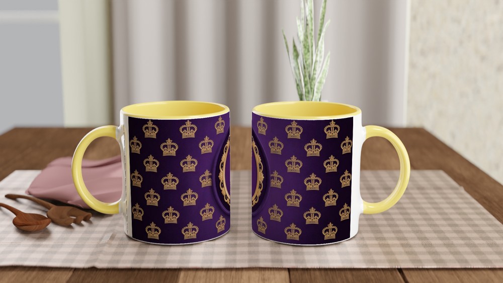 Royal Purple and Gold Crown Pattern Mug with Ornate Frame — view 8
