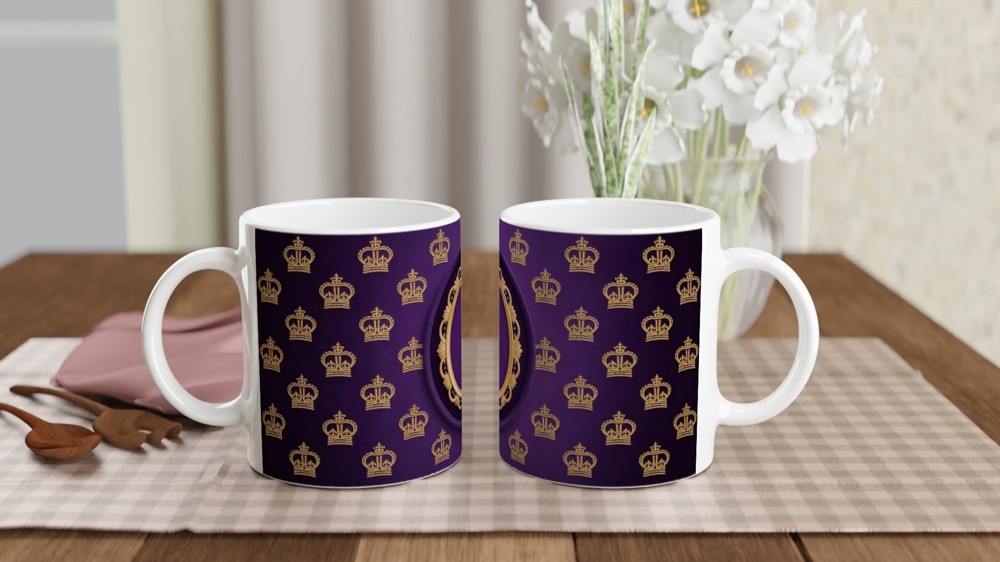 Royal Purple and Gold Crown Pattern Mug with Ornate Frame