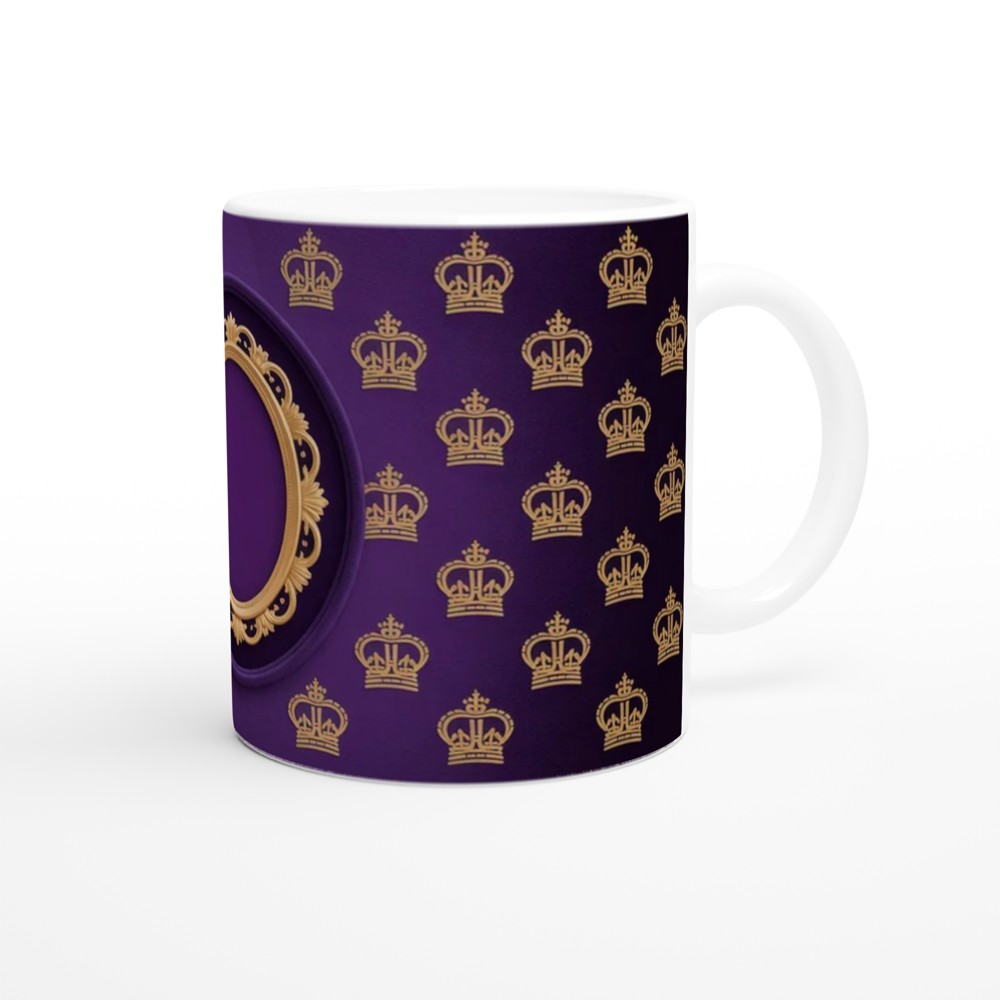 Royal Purple and Gold Crown Pattern Mug with Ornate Frame — view 12