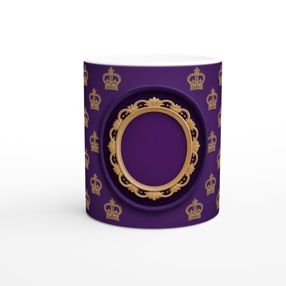 Royal Purple and Gold Crown Pattern Mug with Ornate Frame — view 11