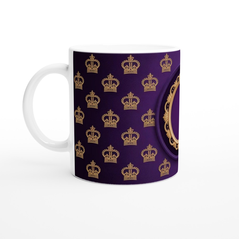 Royal Purple and Gold Crown Pattern Mug with Ornate Frame — view 10