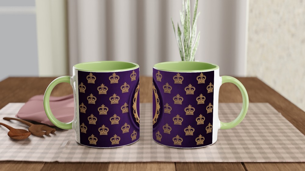 Royal Purple and Gold Crown Pattern Mug with Ornate Frame — view 5