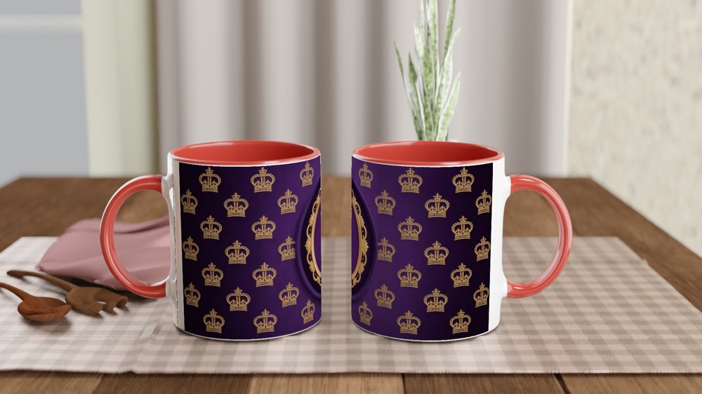 Royal Purple and Gold Crown Pattern Mug with Ornate Frame — view 7