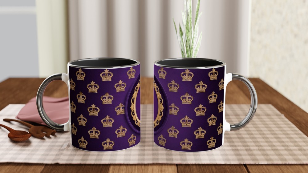Royal Purple and Gold Crown Pattern Mug with Ornate Frame — view 9
