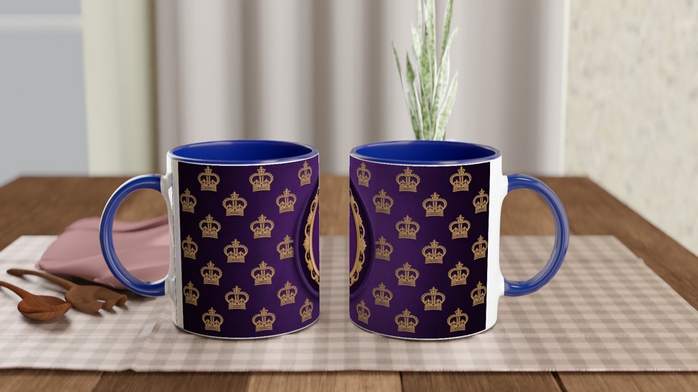 Royal Purple and Gold Crown Pattern Mug with Ornate Frame — view 4
