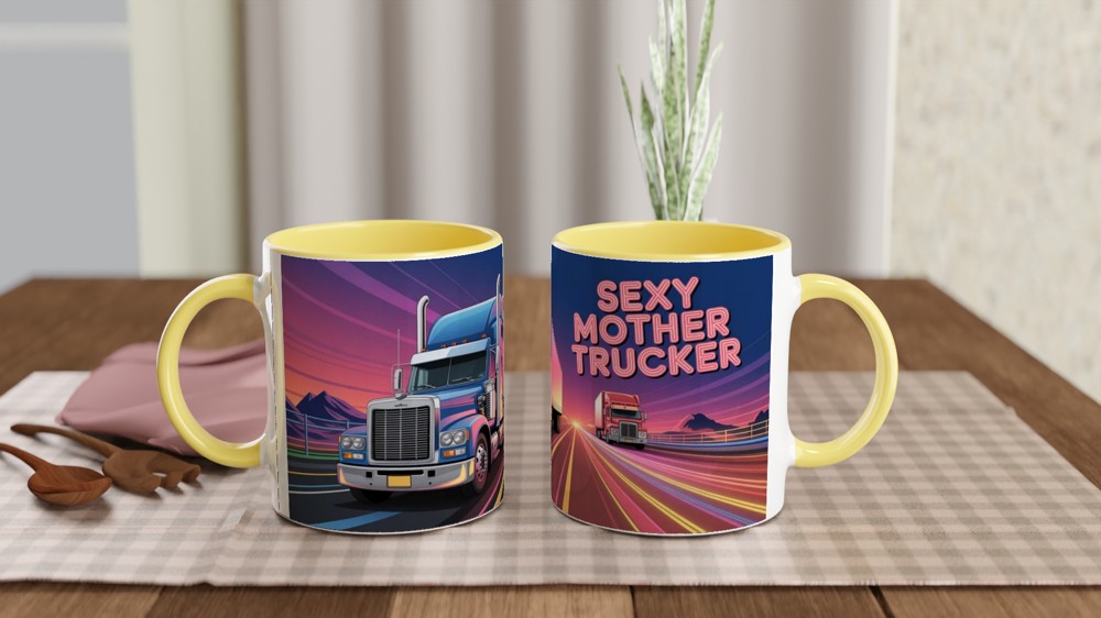 Sexy Mother Trucker Mug | Funny Mum Gift | Rude Birthday Present for Her | Neon Highway Trucker Scene Coffee Cup — view 8