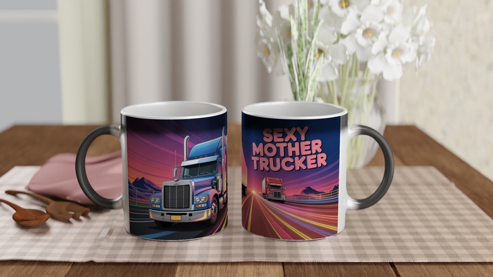 Sexy Mother Trucker Mug | Funny Mum Gift | Rude Birthday Present for Her | Neon Highway Trucker Scene Coffee Cup — view 3