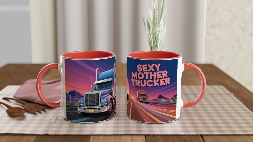 Sexy Mother Trucker Mug | Funny Mum Gift | Rude Birthday Present for Her | Neon Highway Trucker Scene Coffee Cup — view 7