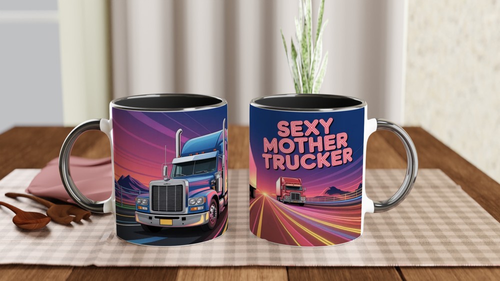 Sexy Mother Trucker Mug | Funny Mum Gift | Rude Birthday Present for Her | Neon Highway Trucker Scene Coffee Cup — view 9