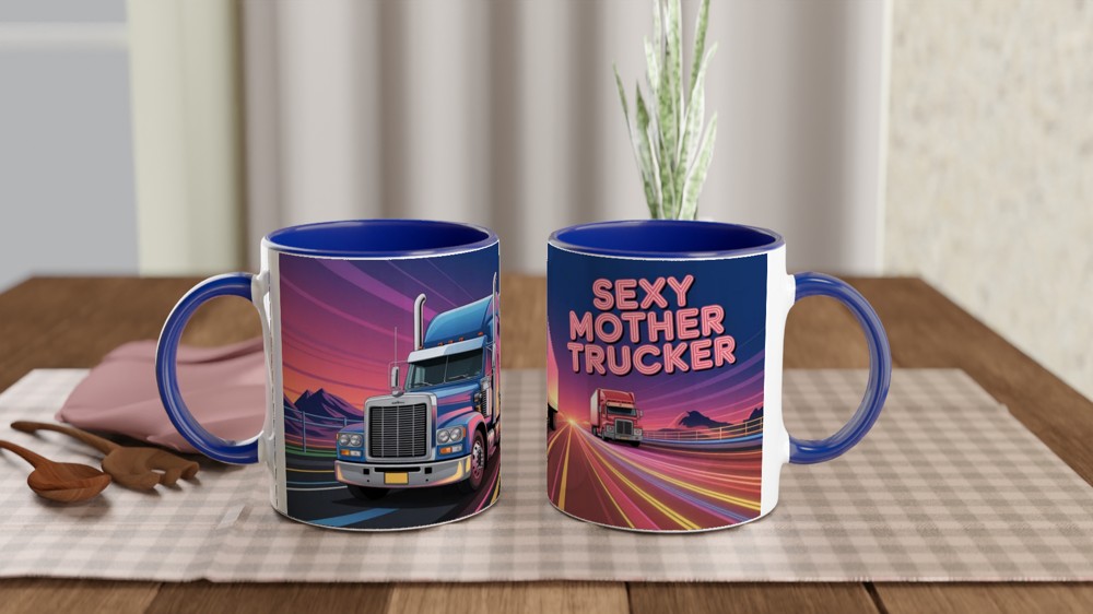 Sexy Mother Trucker Mug | Funny Mum Gift | Rude Birthday Present for Her | Neon Highway Trucker Scene Coffee Cup — view 4