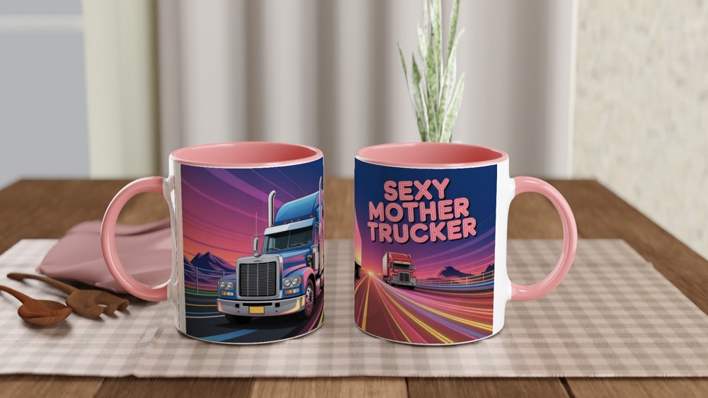 Sexy Mother Trucker Mug | Funny Mum Gift | Rude Birthday Present for Her | Neon Highway Trucker Scene Coffee Cup — view 6