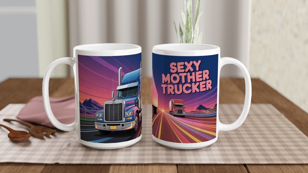 Sexy Mother Trucker Mug | Funny Mum Gift | Rude Birthday Present for Her | Neon Highway Trucker Scene Coffee Cup — view 2