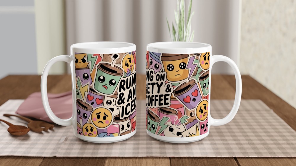Running On Anxiety & Iced Coffee Kawaii Sticker Style Mug — view 2