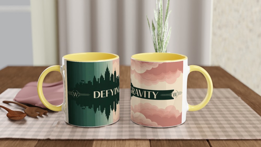 Defying Gravity Art Deco Skyline and Clouds Mug — view 8