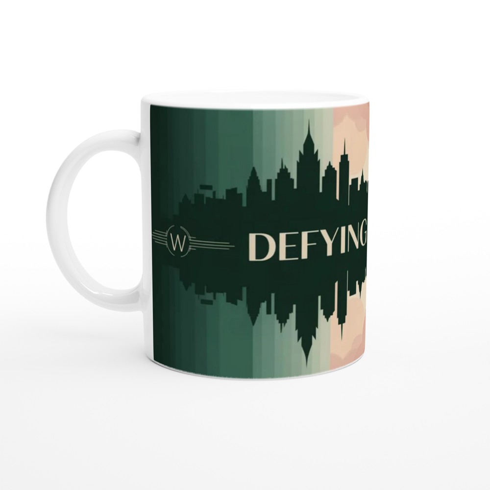 Defying Gravity Art Deco Skyline and Clouds Mug — view 10