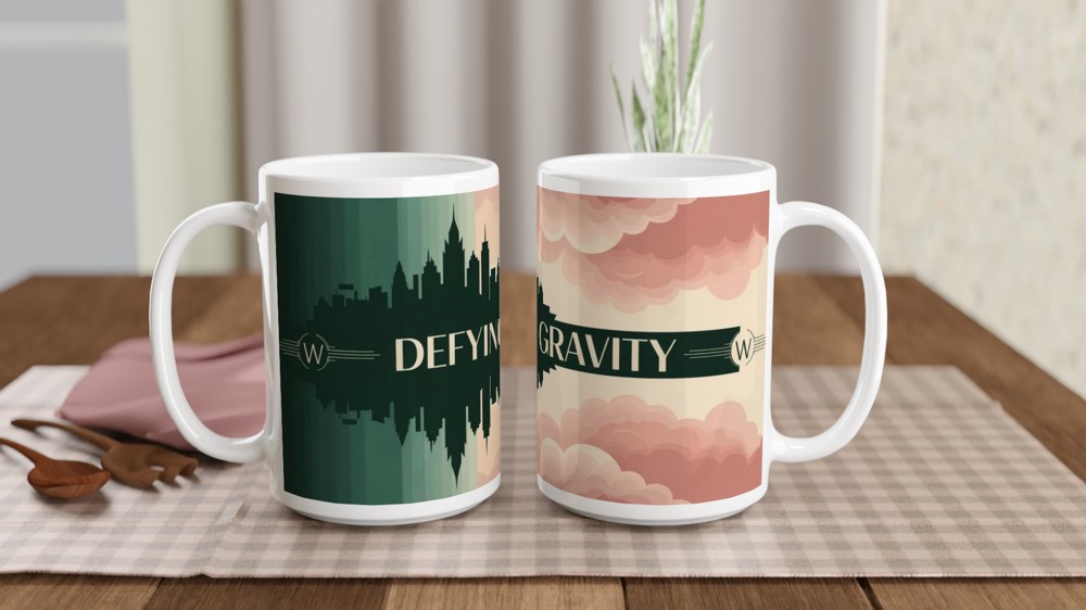 Defying Gravity Art Deco Skyline and Clouds Mug — view 2