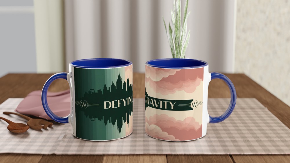 Defying Gravity Art Deco Skyline and Clouds Mug — view 4