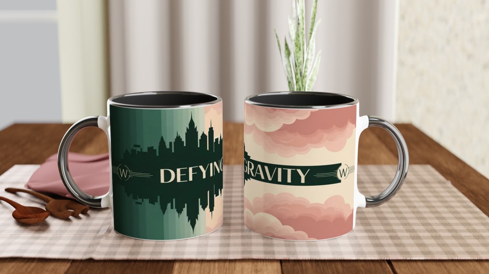 Defying Gravity Art Deco Skyline and Clouds Mug — view 9