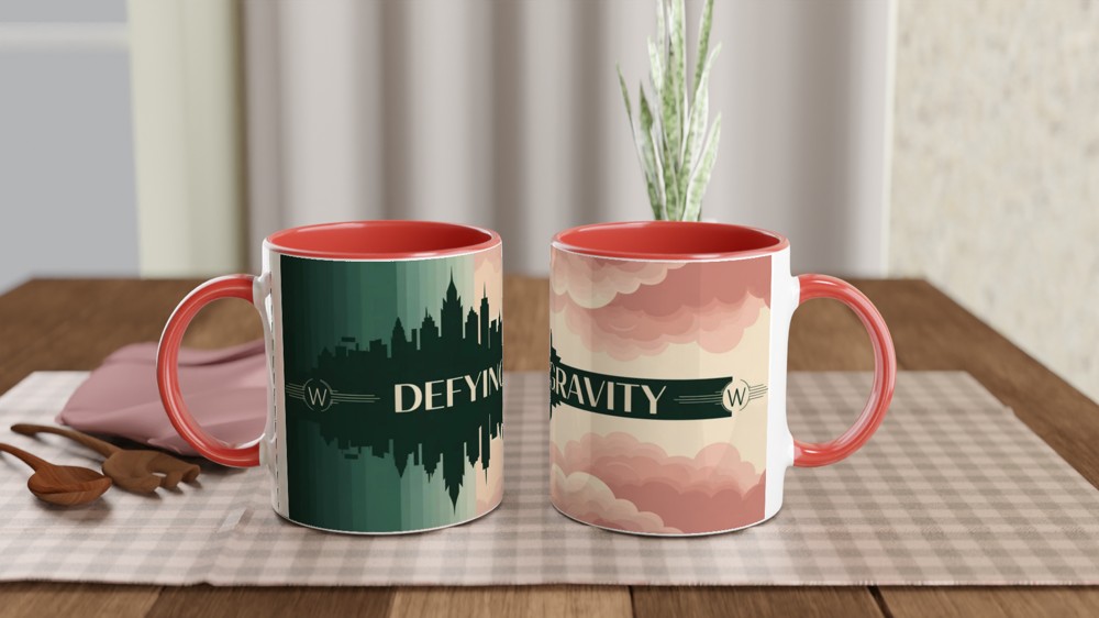 Defying Gravity Art Deco Skyline and Clouds Mug — view 7