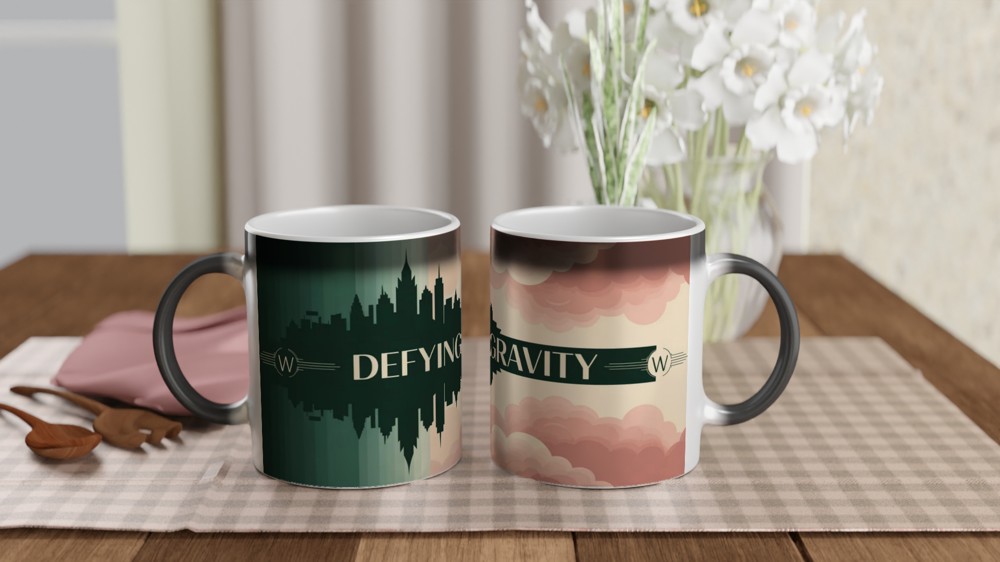 Defying Gravity Art Deco Skyline and Clouds Mug — view 3