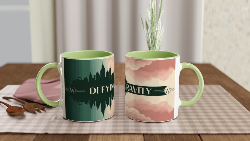 Defying Gravity Art Deco Skyline and Clouds Mug — view 5