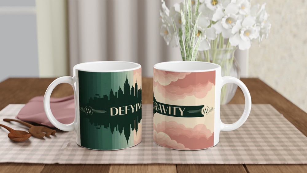 Defying Gravity Art Deco Skyline and Clouds Mug