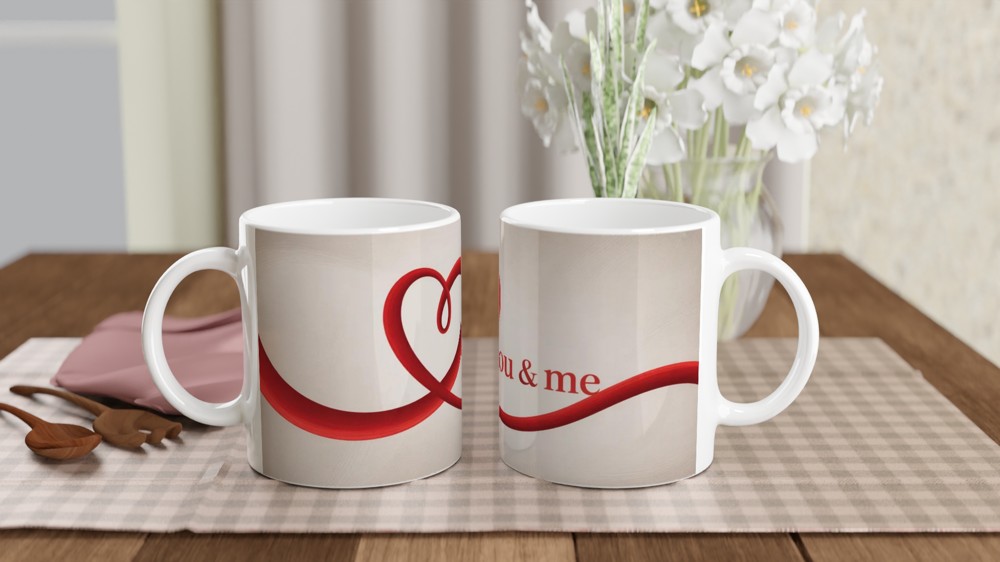 You & Me Red Heart Ribbon Romantic Mug