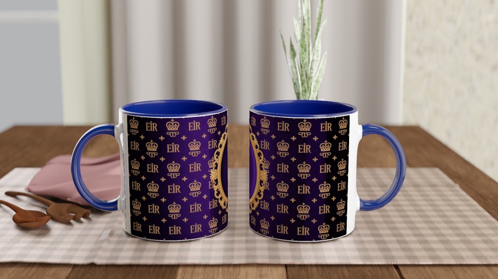 Royal EIIR Crown Pattern Purple and Gold Ornate Frame Mug — view 4