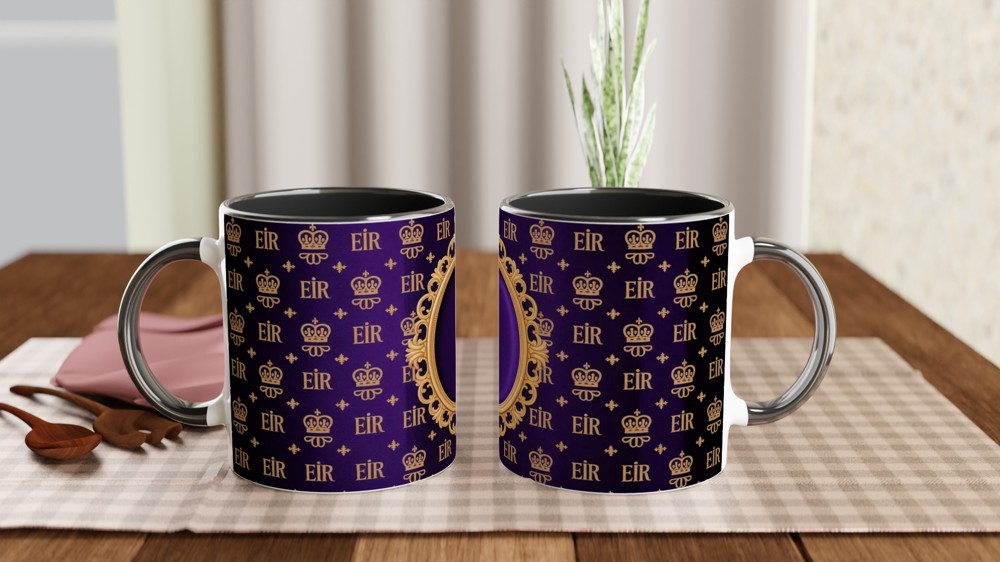 Royal EIIR Crown Pattern Purple and Gold Ornate Frame Mug — view 9
