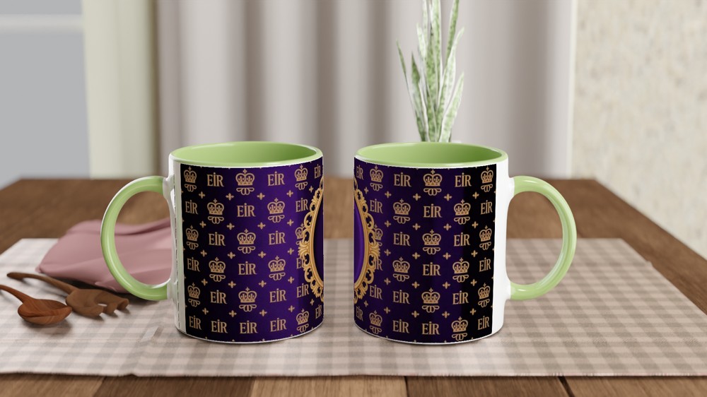 Royal EIIR Crown Pattern Purple and Gold Ornate Frame Mug — view 5