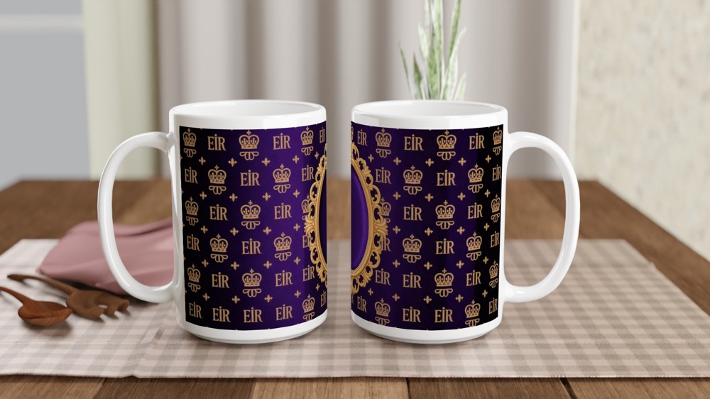 Royal EIIR Crown Pattern Purple and Gold Ornate Frame Mug — view 2