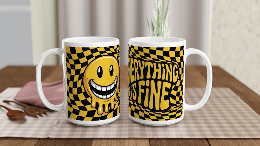 Everything Is Fine Melting Smiley Face Mug — view 2