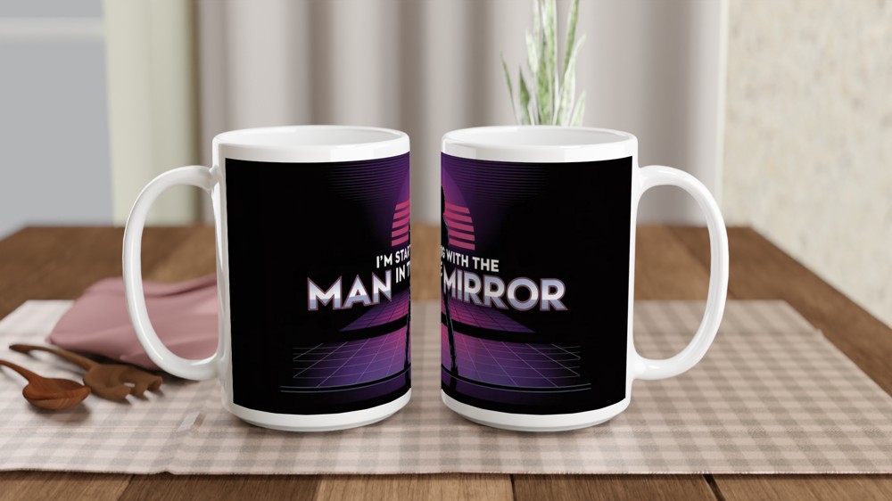 MJ The Musical Mug | Man in the Mirror Synthwave Quote | Musical Theatre Gift | Retro 80s West End Present for Him or Her — view 2